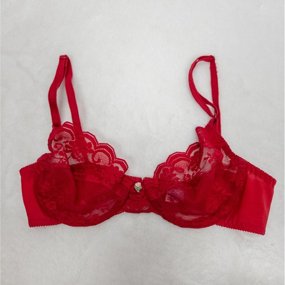 Vintage 80s Maidenform Chantilly Red Lace Underwire Bra - ILGWU Made USA 34B - Picture 1 of 6
